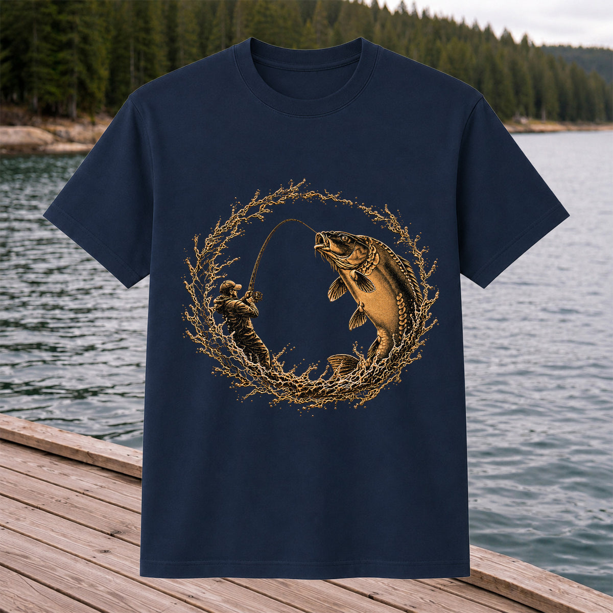 Carp Angler in Circular Water Splash Fishing Graphic T-Shirt