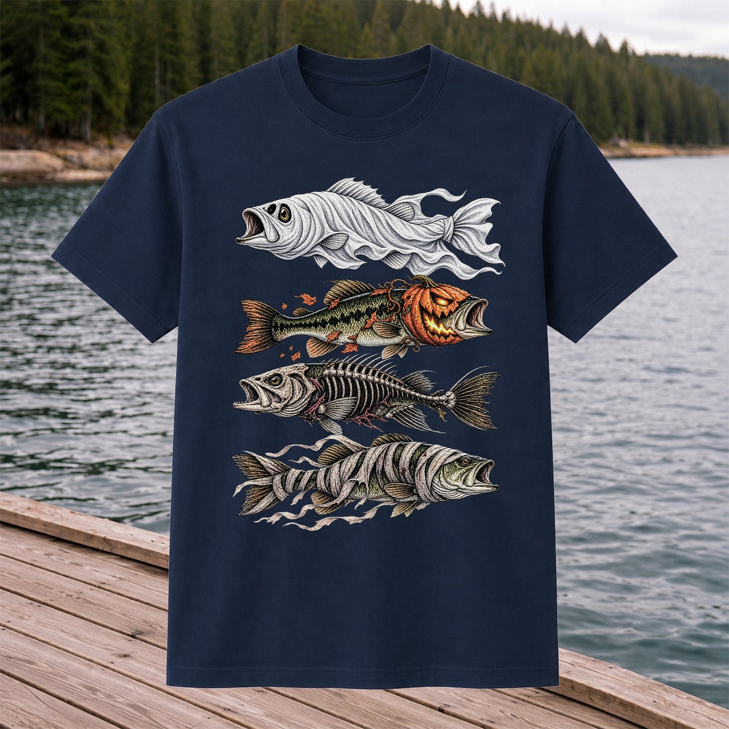 Halloween Bass Ghost Pumpkin Skeleton and Mummy Fish Graphic T-Shirt