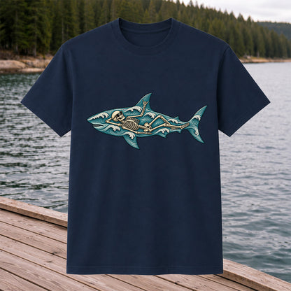 Skeleton Lounging Inside Ocean Wave Shark Graphic T-Shirt