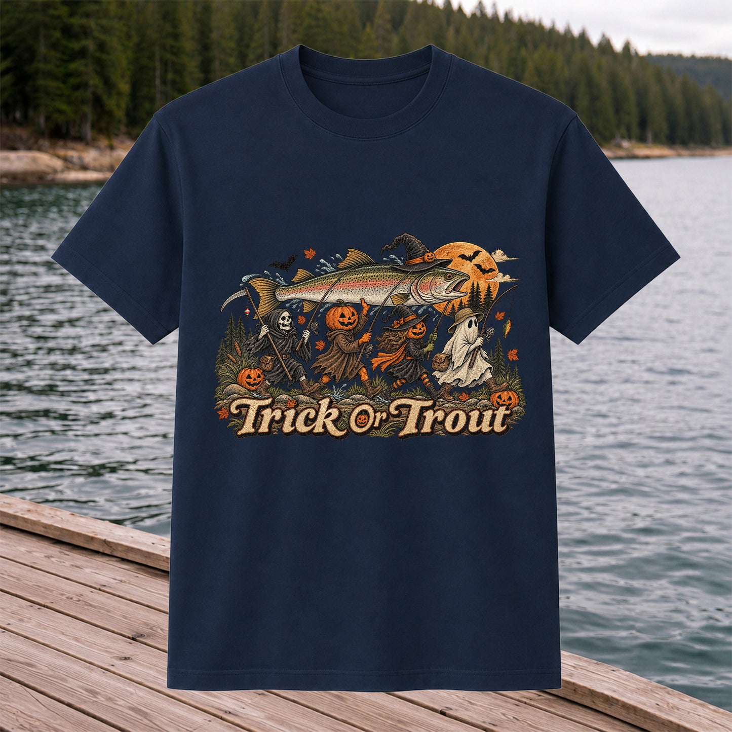 Trick or Trout Spooky Angler Parade Halloween Fishing T-Shirt