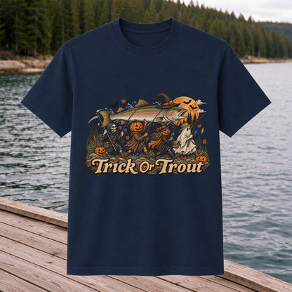 Trick or Trout Spooky Angler Parade Halloween Fishing T-Shirt