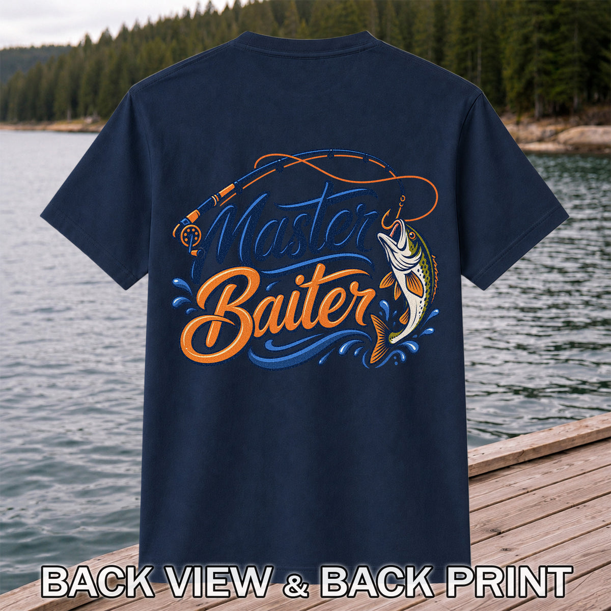 Master Baiter Funny Fishing Rod and Jumping Fish T-Shirt | Back Print
