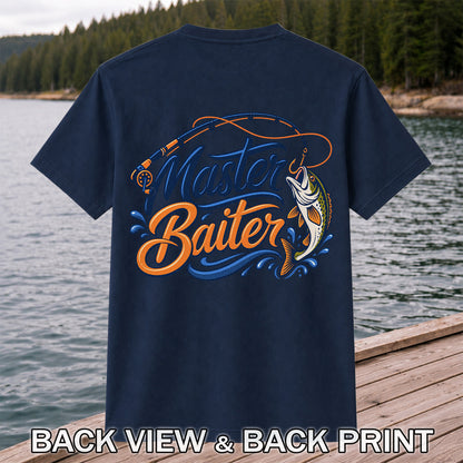 Master Baiter Funny Fishing Rod and Jumping Fish T-Shirt | Back Print
