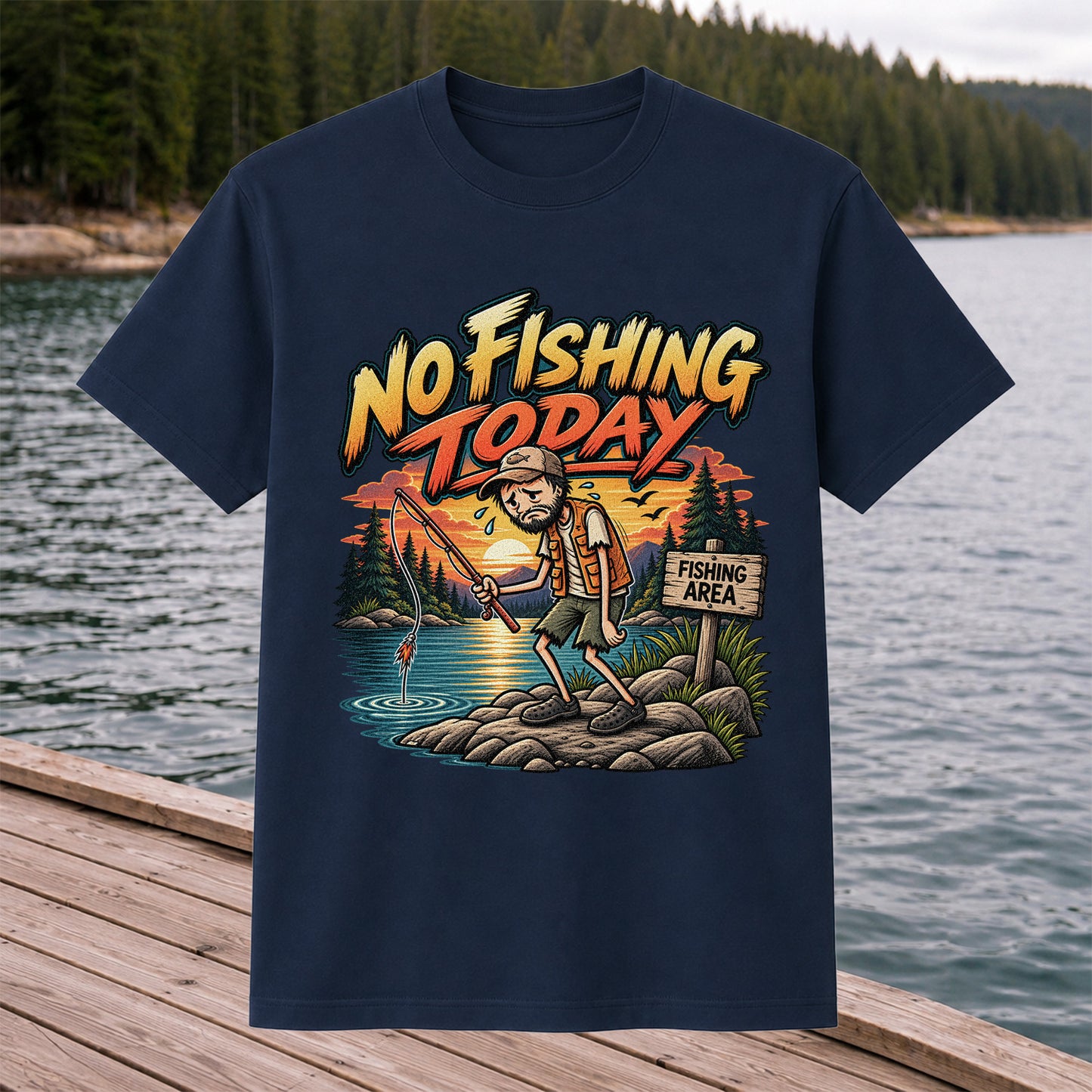 No Fishing Today Sad Angler at the Fishing Area Funny T-Shirt