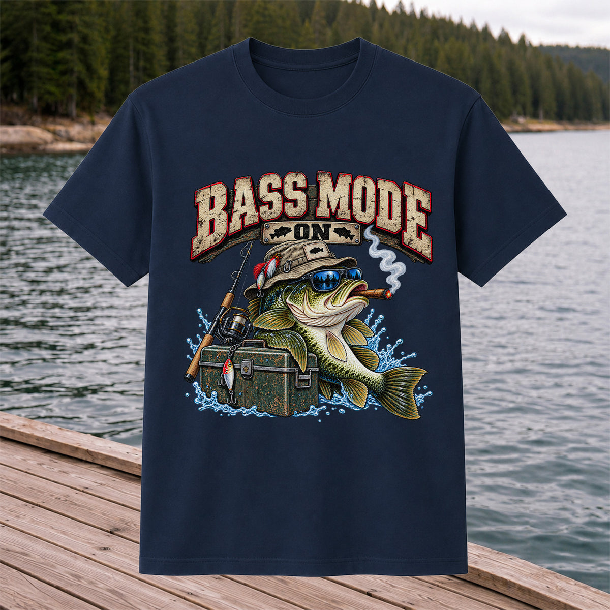 Bass Mode On Funny Bass with Cigar Fishing Graphic T-Shirt