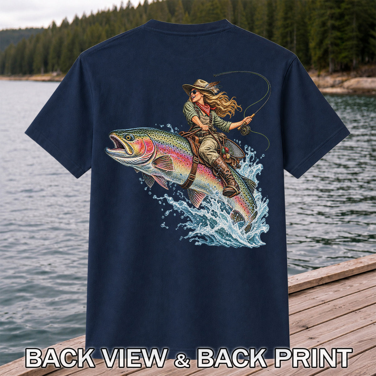 Cowgirl Riding a Rainbow Trout Fly Fishing Graphic T-Shirt | Back Print