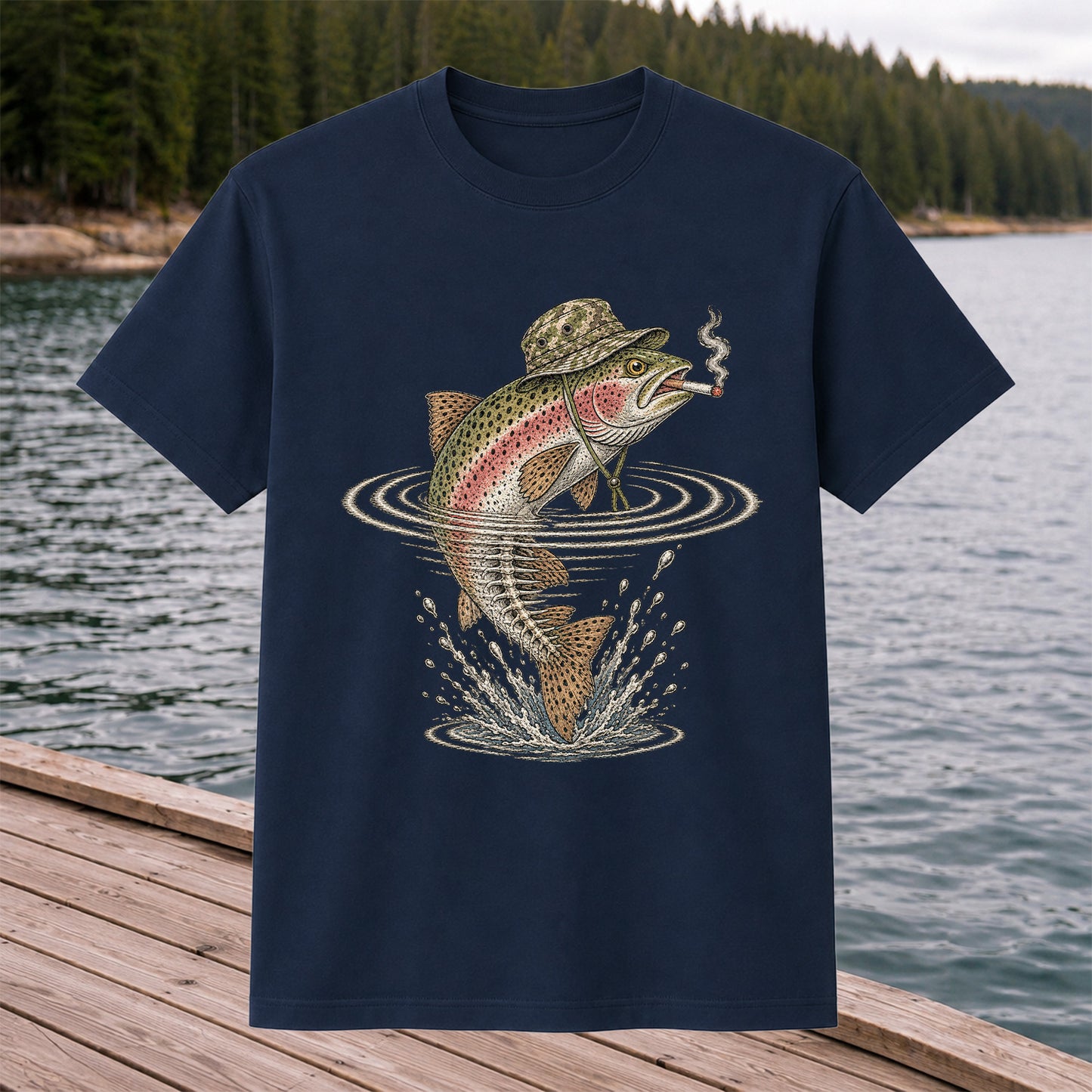 Cigar Smoking Trout in Fishing Hat Graphic T-Shirt