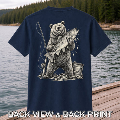 Bear Holding Trout Fishing Graphic T-Shirt | Back Print
