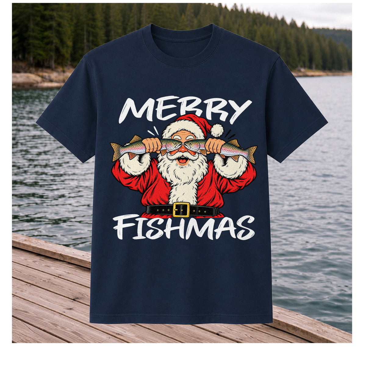 Merry Fishmas Santa Holding Rainbow Trout Christmas Fishing T-Shirt