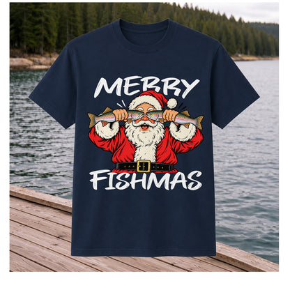 Merry Fishmas Santa Holding Rainbow Trout Christmas Fishing T-Shirt