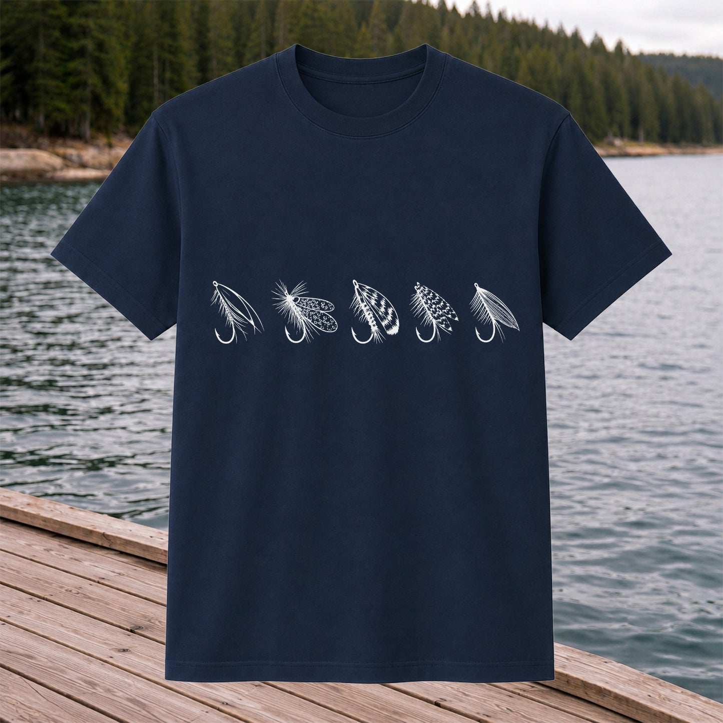 Five Fly Fishing Lures Minimalist Line Art T-Shirt