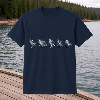 Five Fly Fishing Lures Minimalist Line Art T-Shirt