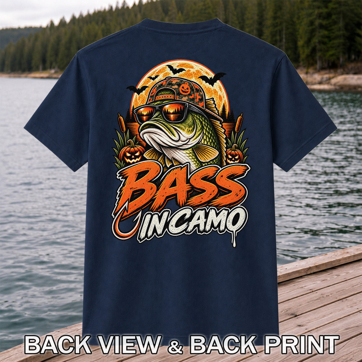 Bass in Camo Halloween Bass Fishing Graphic T-Shirt | Back Print