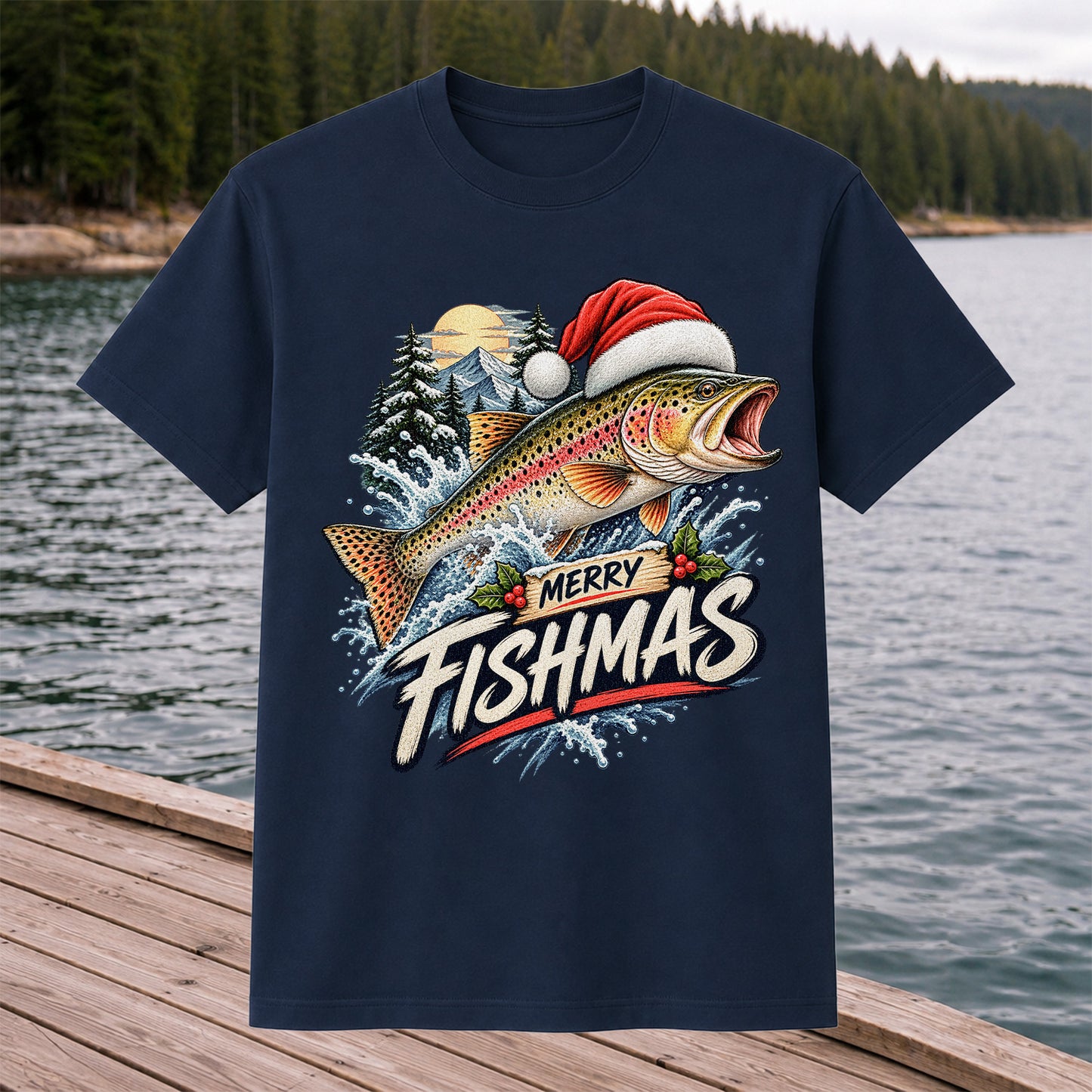 Merry Fishmas Santa Hat Rainbow Trout Fishing Graphic T-Shirt