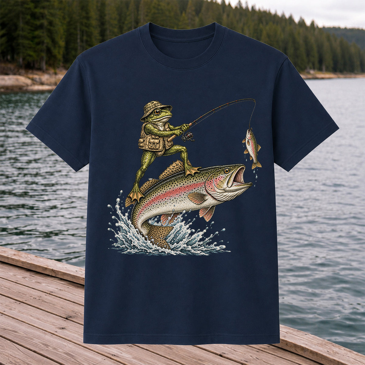 Frog Angler Riding a Rainbow Trout Fishing Graphic T-Shirt