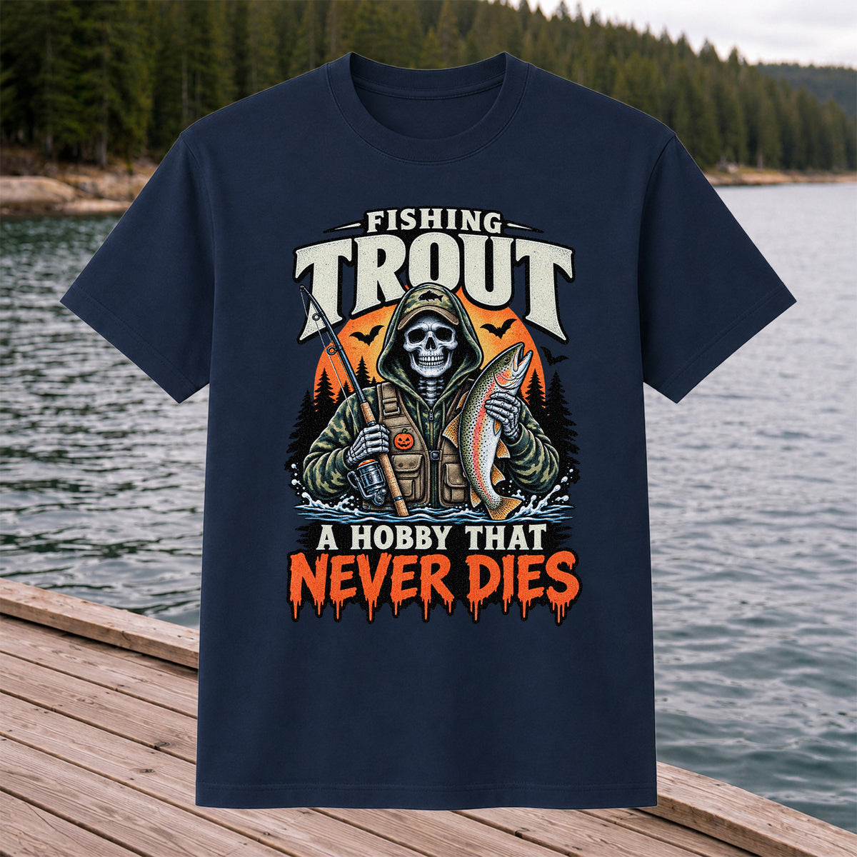 Fishing Trout A Hobby That Never Dies Skeleton Halloween T-Shirt