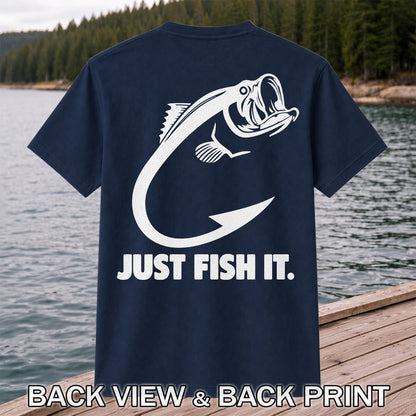 Just Fish It Bass and Fishing Hook Graphic T-Shirt | Back Print