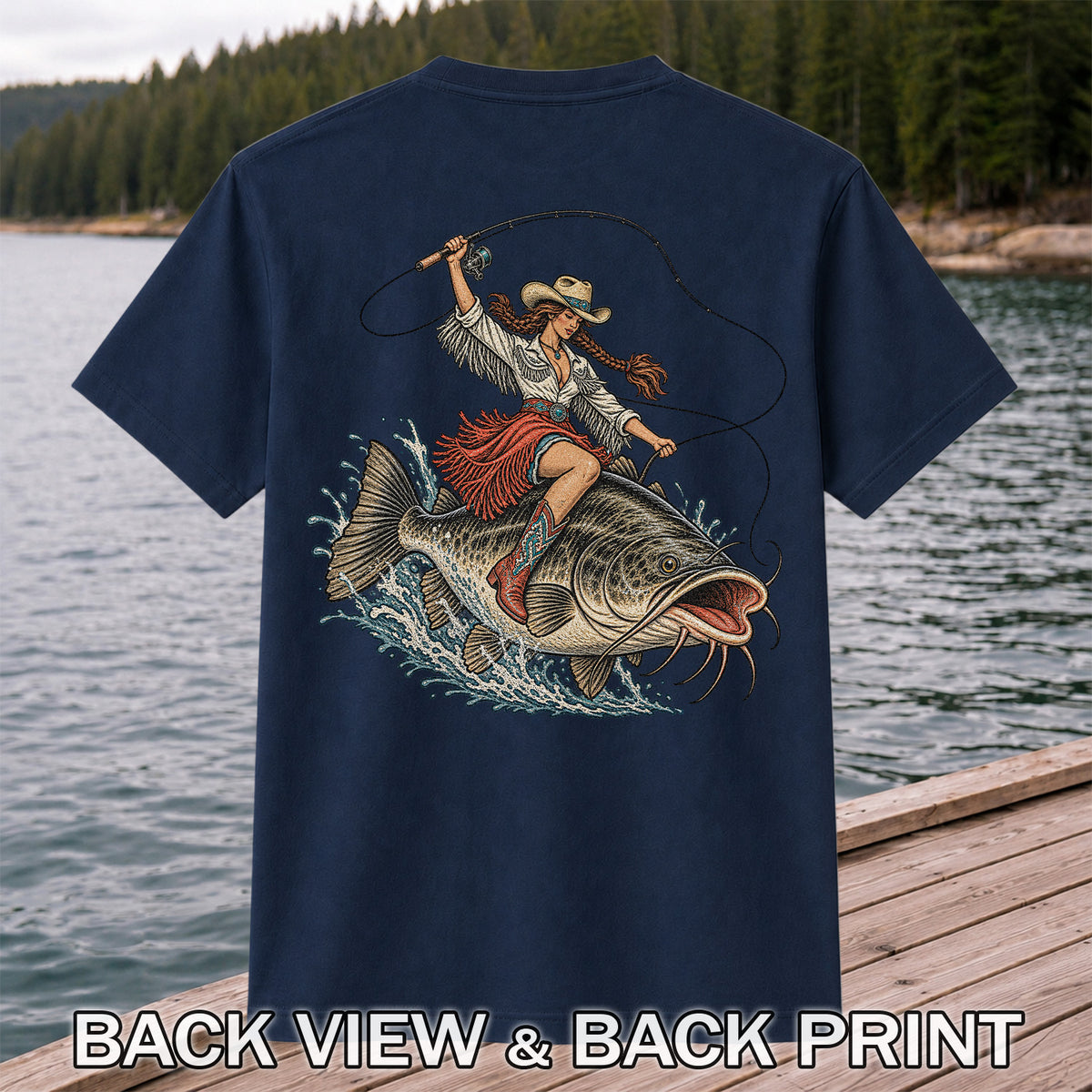 Cowgirl Riding a Largemouth Bass Fishing Graphic T-Shirt | Back Print