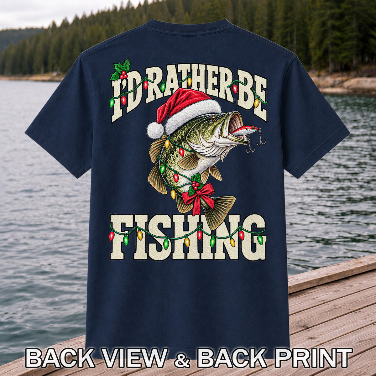 Santa Hat Bass Christmas Fishing Graphic T-Shirt | Back Print