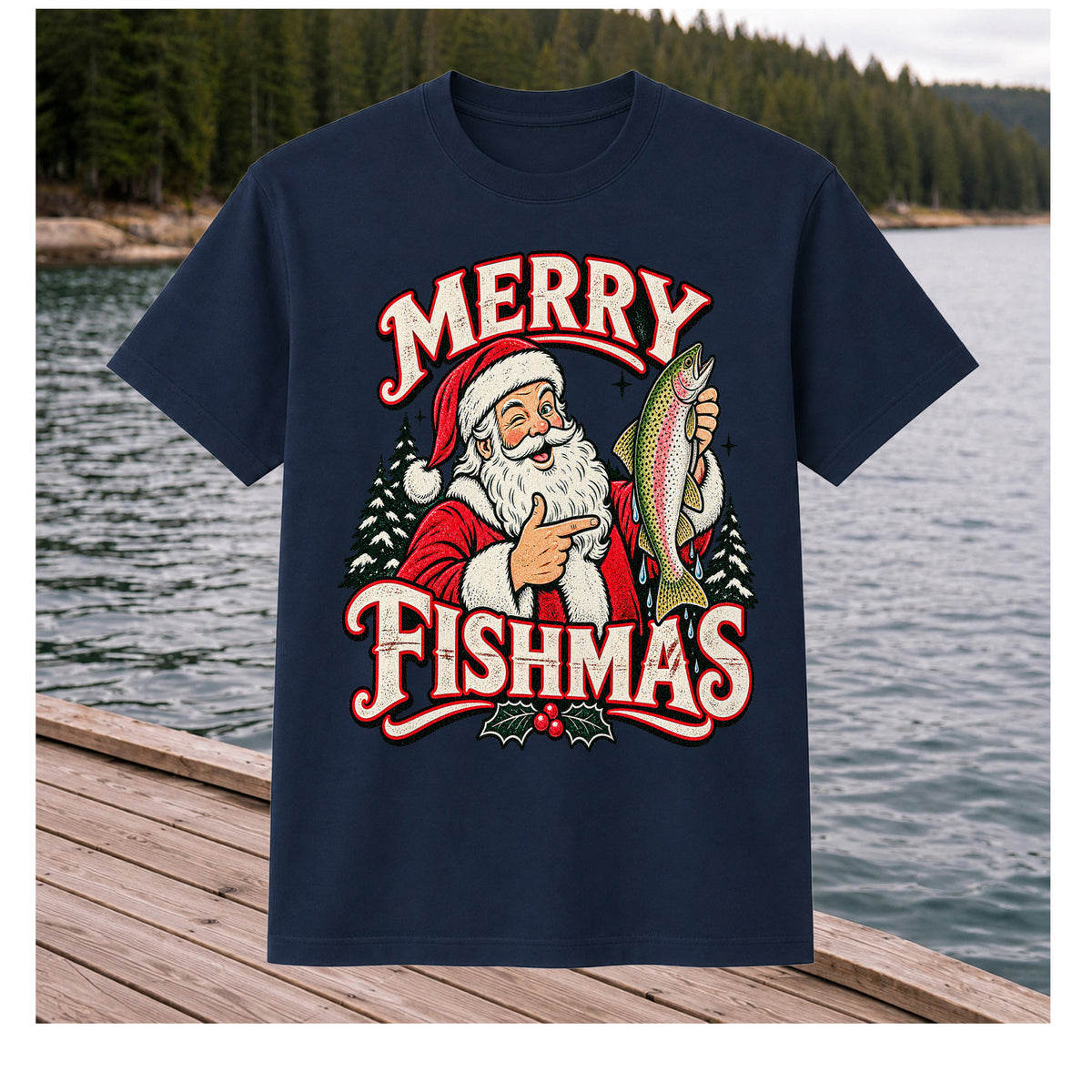 Merry Fishmas Santa Holding Rainbow Trout Christmas Fishing T-Shirt