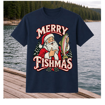 Merry Fishmas Santa Holding Rainbow Trout Christmas Fishing T-Shirt