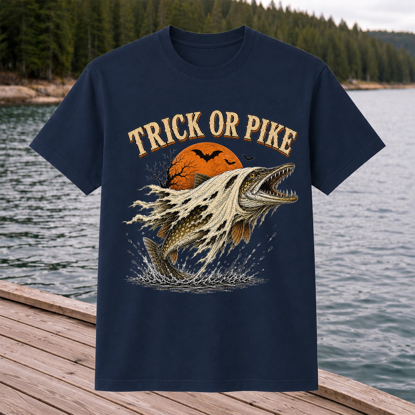 Trick or Pike Halloween Fishing T-Shirt, Vintage Trout Angler Tee