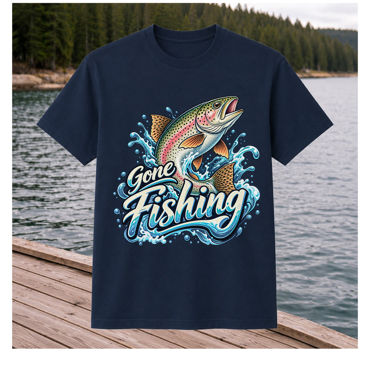 Gone Fishing Jumping Rainbow Trout Splash Graphic T-Shirt