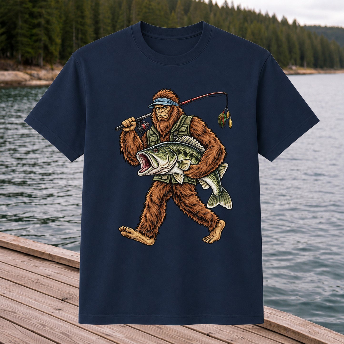 Bigfoot Holding a Largemouth Bass Fishing Graphic T-Shirt