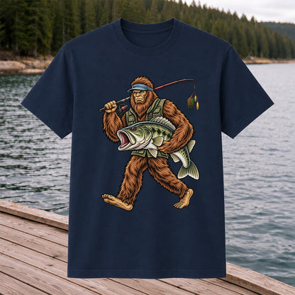 Bigfoot Holding a Largemouth Bass Fishing Graphic T-Shirt