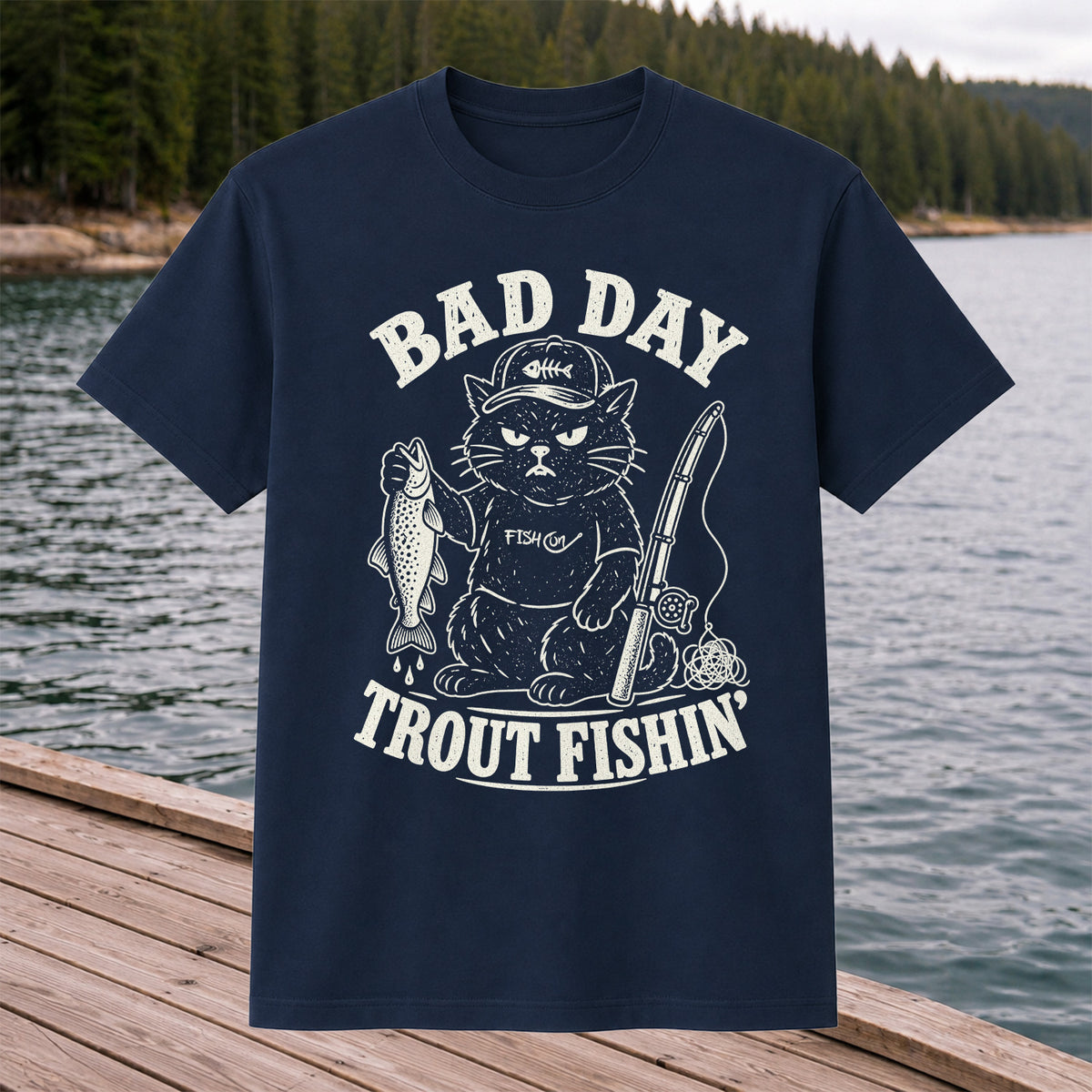 Bad Day Trout Fishin' Fish On Grumpy Black Cat Funny Fishing T-Shirt