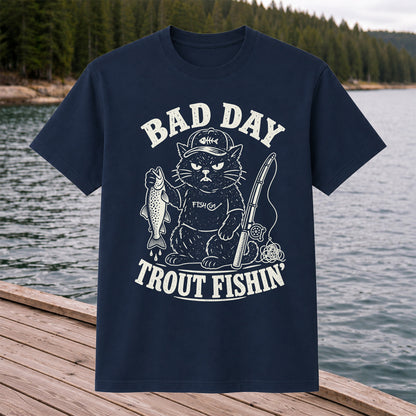 Bad Day Trout Fishin' Fish On Grumpy Black Cat Funny Fishing T-Shirt