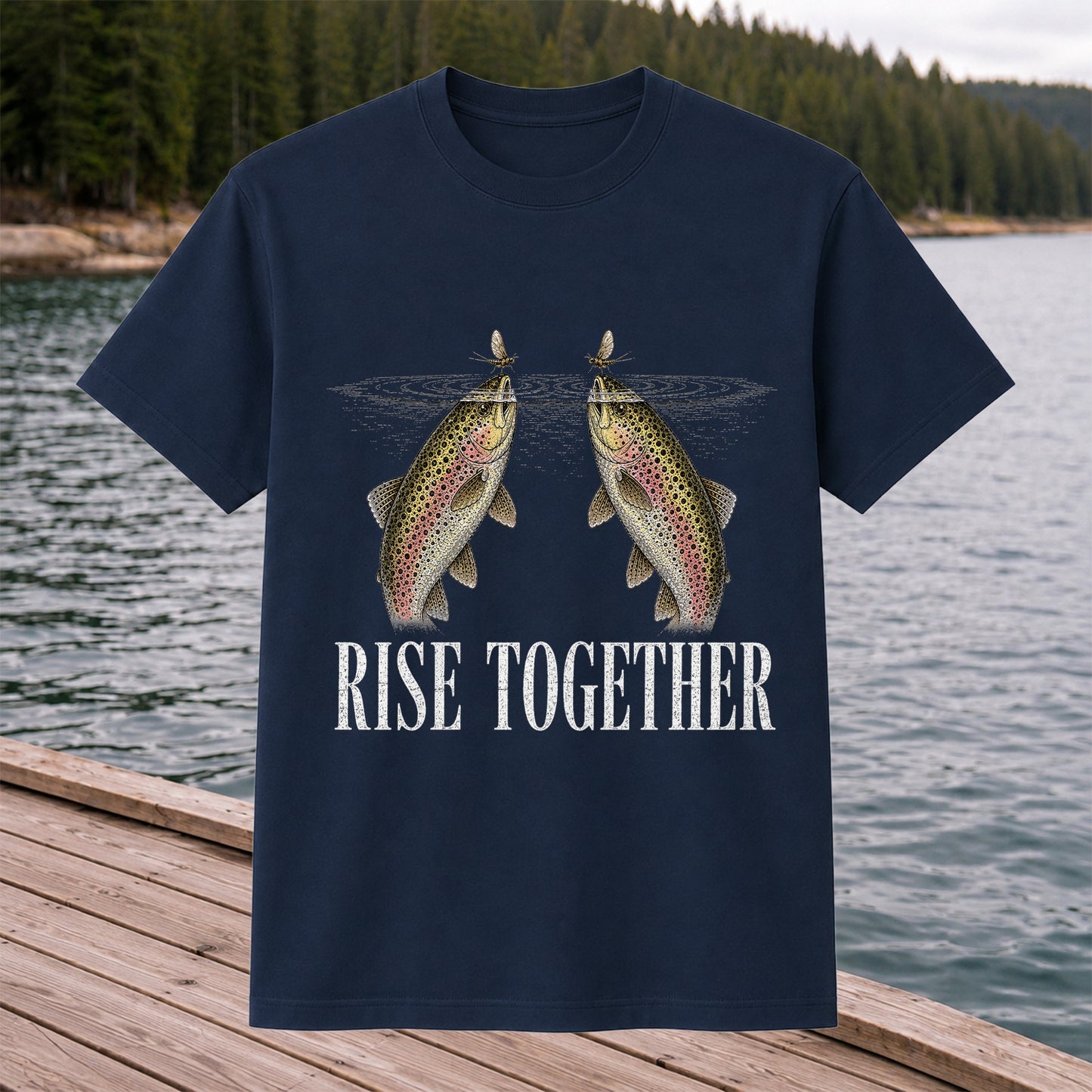 Rise Together Twin Trout and Mayfly Fishing Graphic T-Shirt