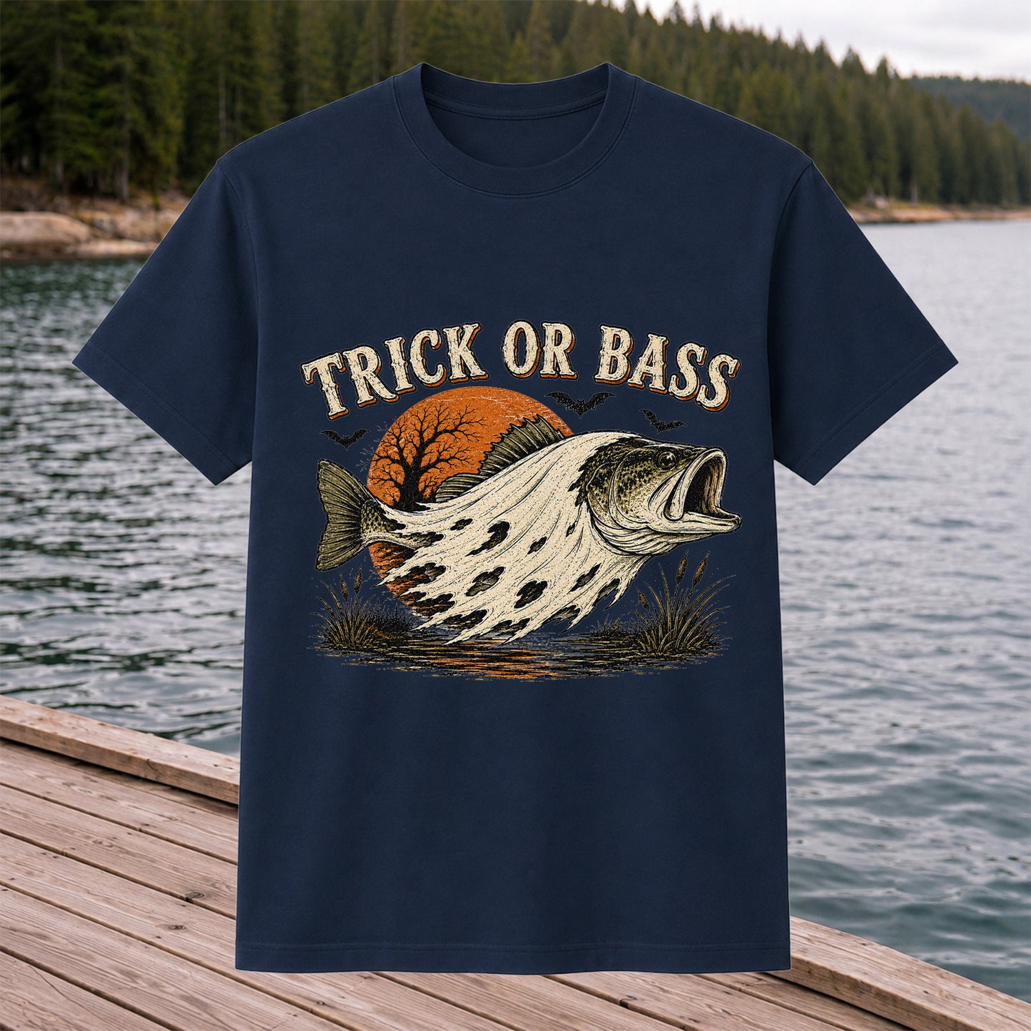 Trick or Bass Boo Halloween Fishing T-Shirt, Vintage Trout Angler Tee