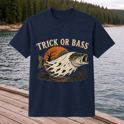 Trick or Bass Boo Halloween Fishing T-Shirt, Vintage Trout Angler Tee