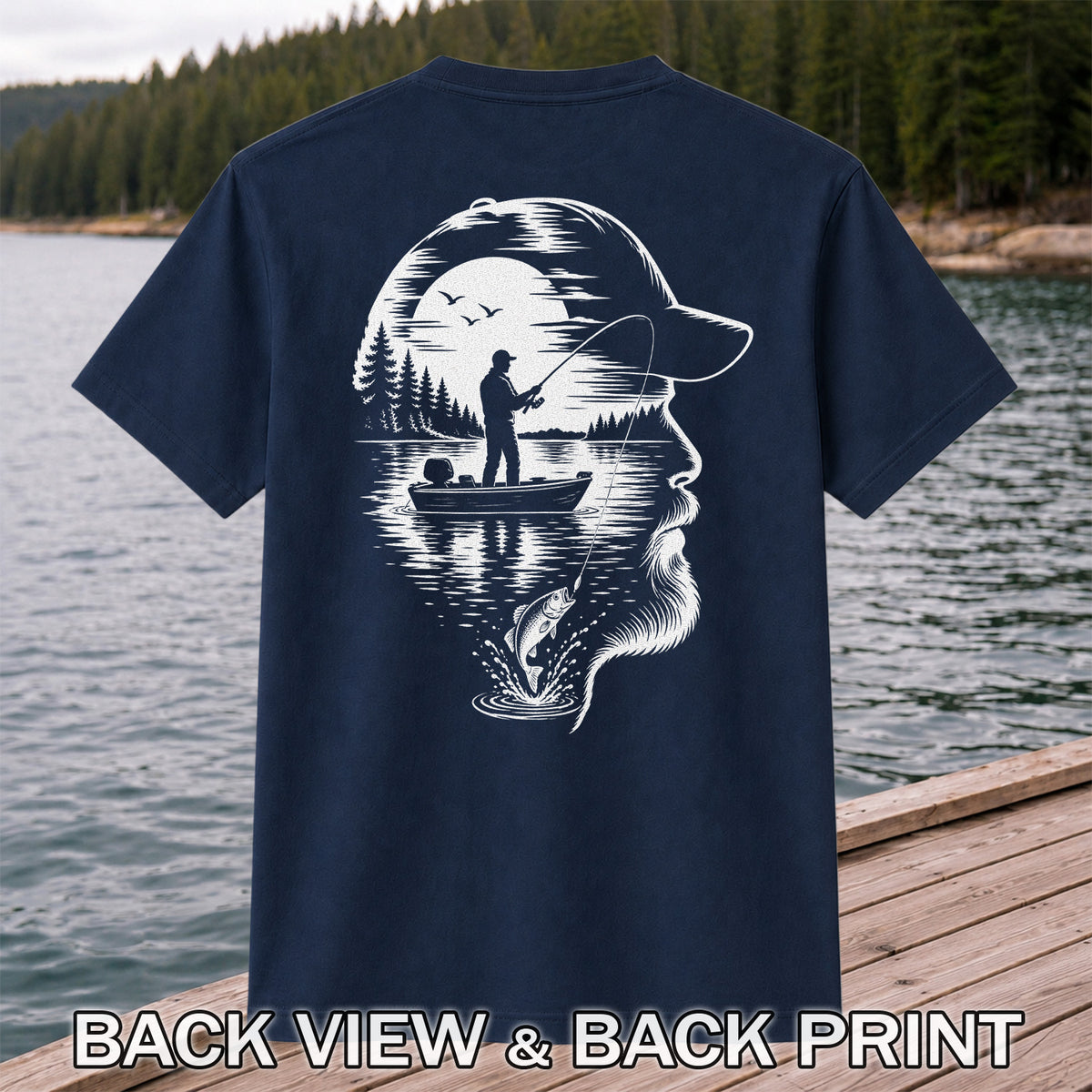 Bearded Angler Silhouette with Lake Fishing Scene Graphic T-Shirt | Back Print