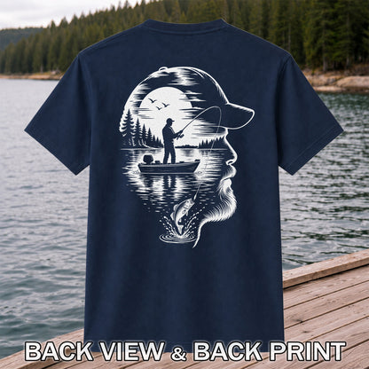 Bearded Angler Silhouette with Lake Fishing Scene Graphic T-Shirt | Back Print