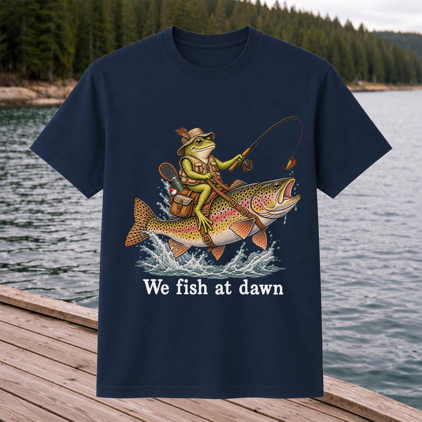 We Fish at Dawn Frog Riding a Rainbow Trout Funny Fishing T-Shirt