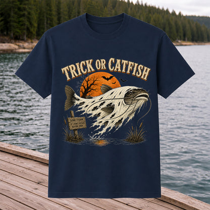 Trick or Catfish Halloween Fishing T-Shirt, Vintage Trout Angler Tee