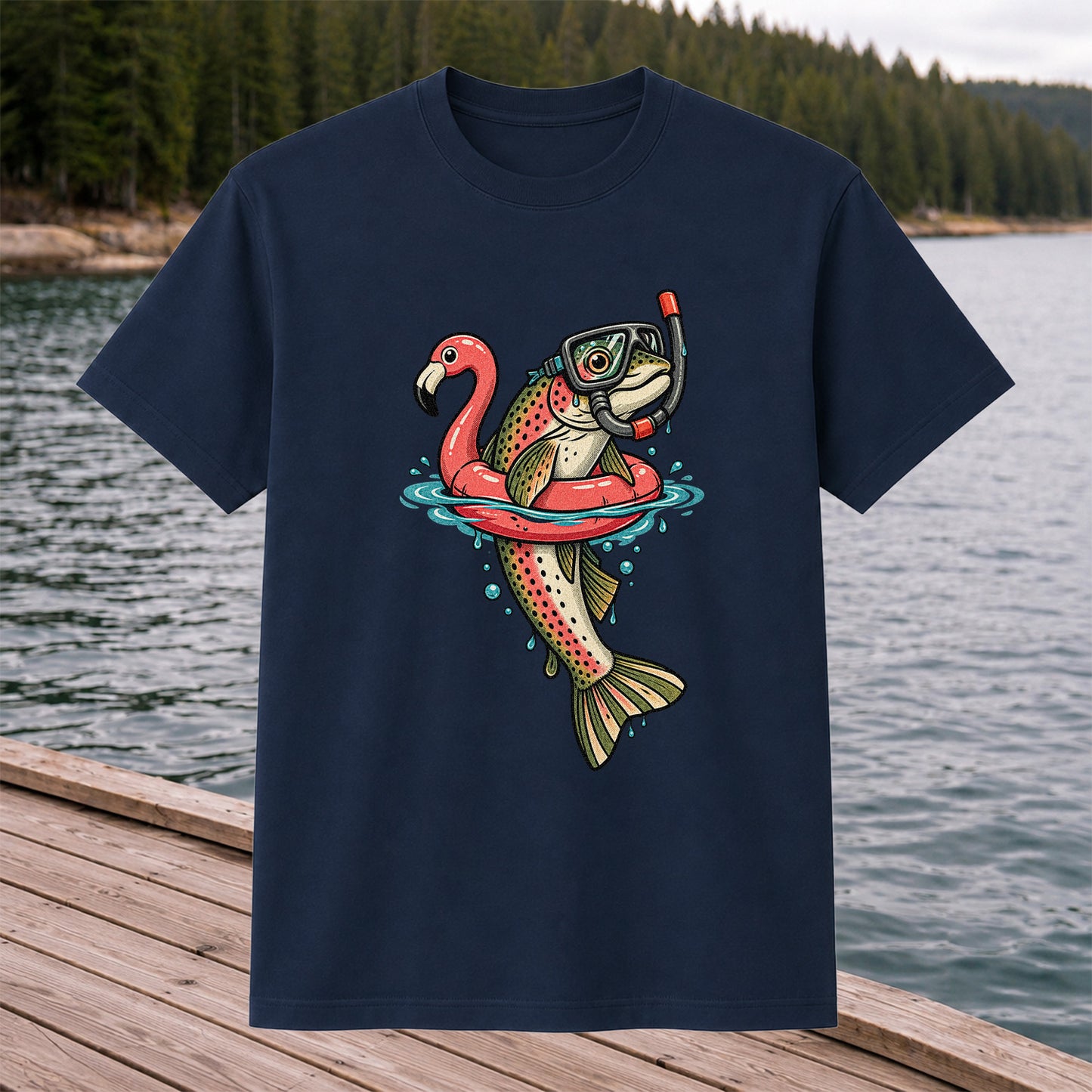 Rainbow Trout Snorkeling in a Flamingo Float Fishing Graphic T-Shirt