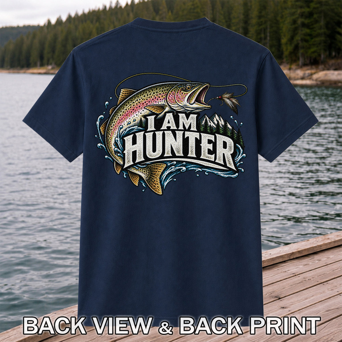 I Am Hunter Rainbow Trout Fly Fishing Mountain Graphic T-Shirt | Back Print