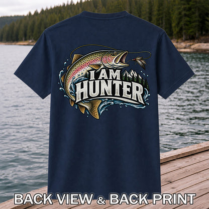 I Am Hunter Rainbow Trout Fly Fishing Mountain Graphic T-Shirt | Back Print