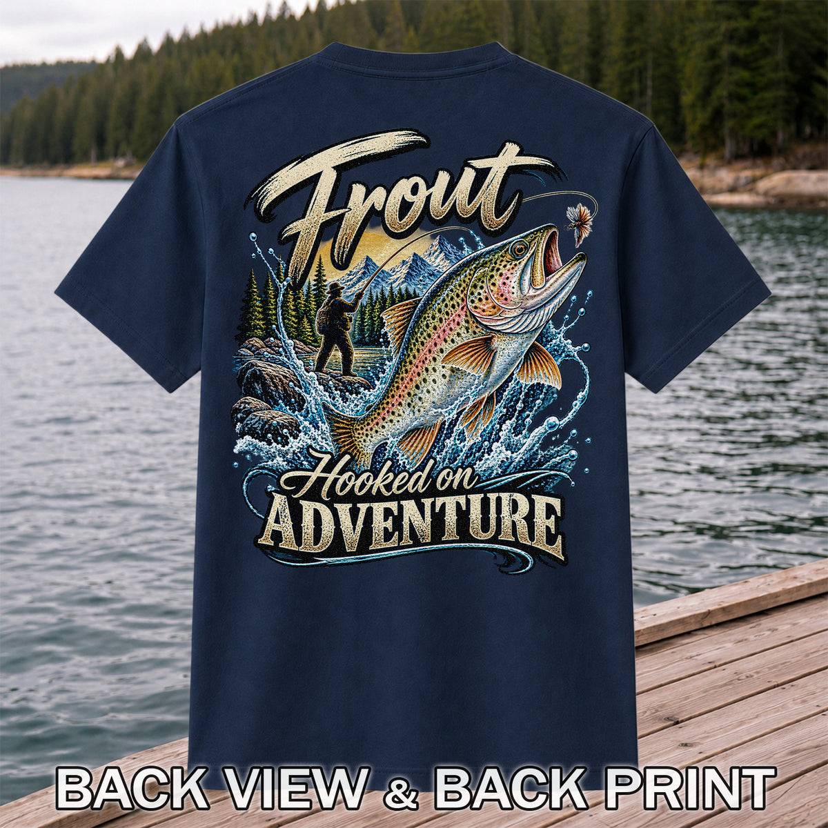 Trout Hooked on Adventure Mountain Fly Fishing T-Shirt | Back Print