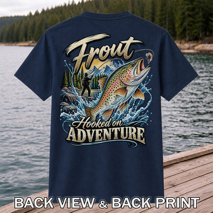 Trout Hooked on Adventure Mountain Fly Fishing T-Shirt | Back Print