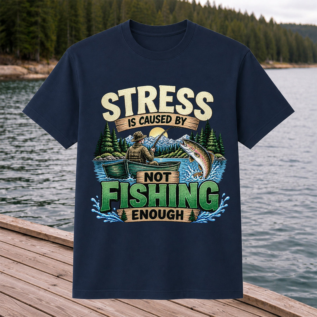 Stress Is Caused by Not Fishing Enough Rainbow Trout and Fishing Boat T-Shirt