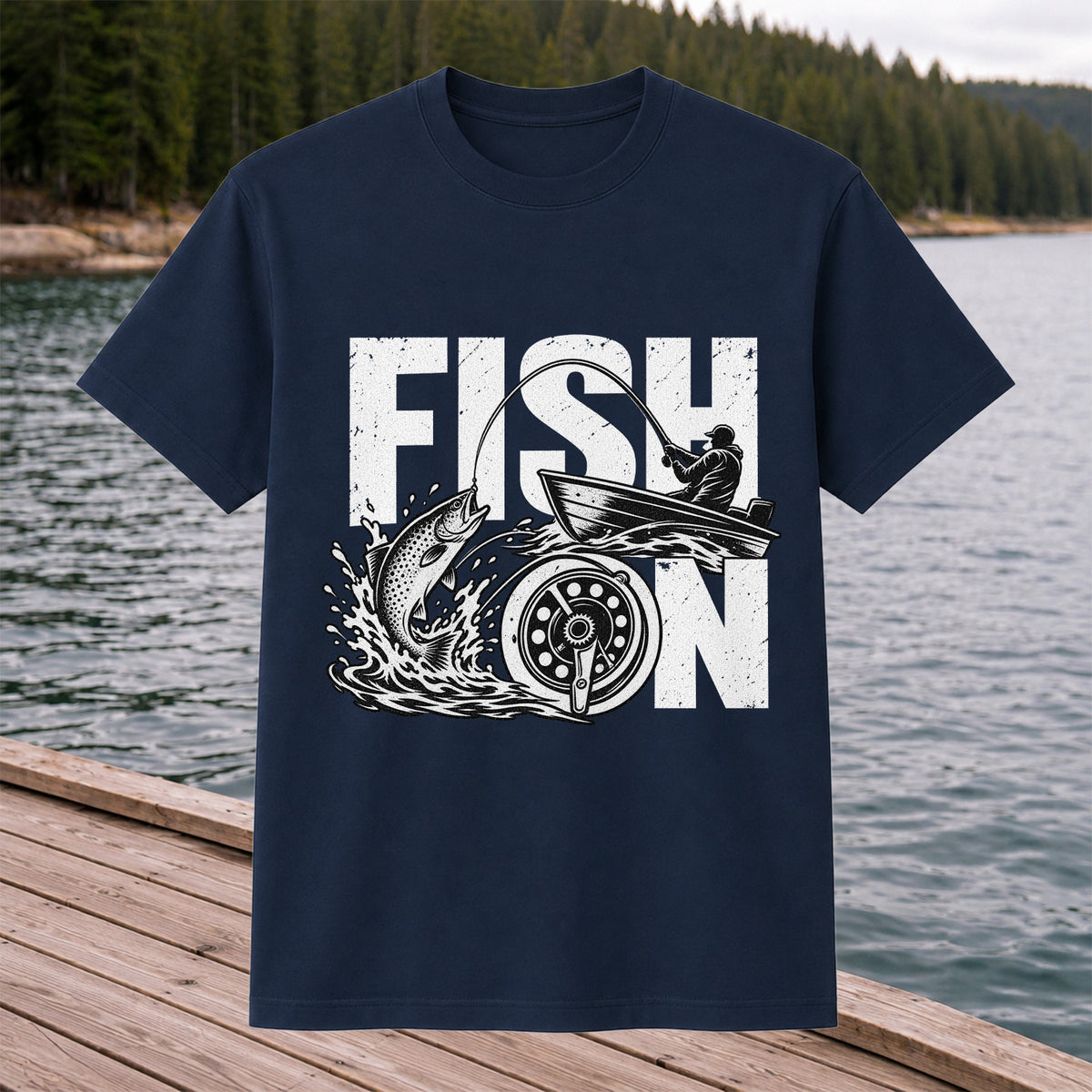 Fish On Jumping Trout and Fishing Boat Graphic T-Shirt