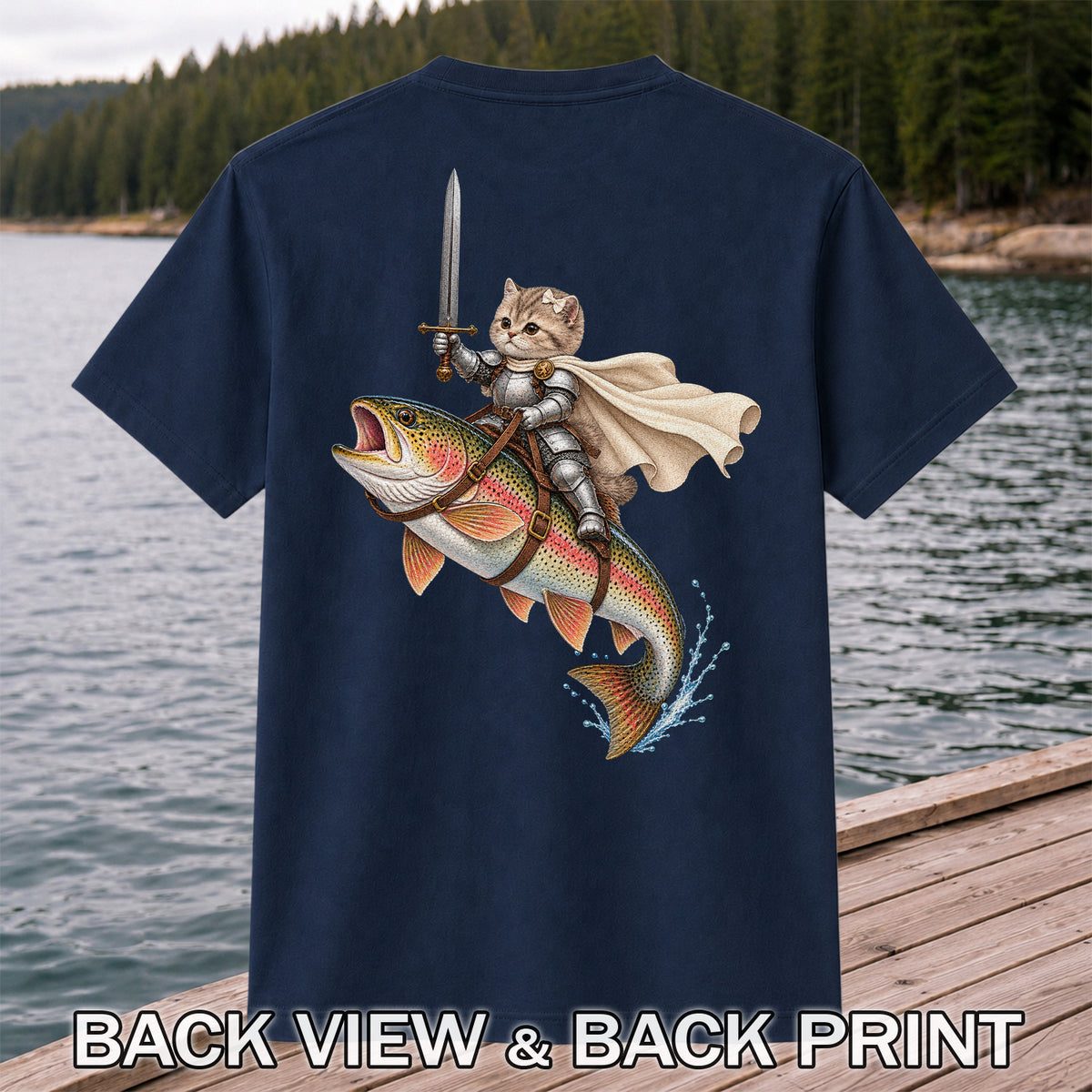 Cat Knight Riding a Rainbow Trout Fishing Graphic T-Shirt | Back Print