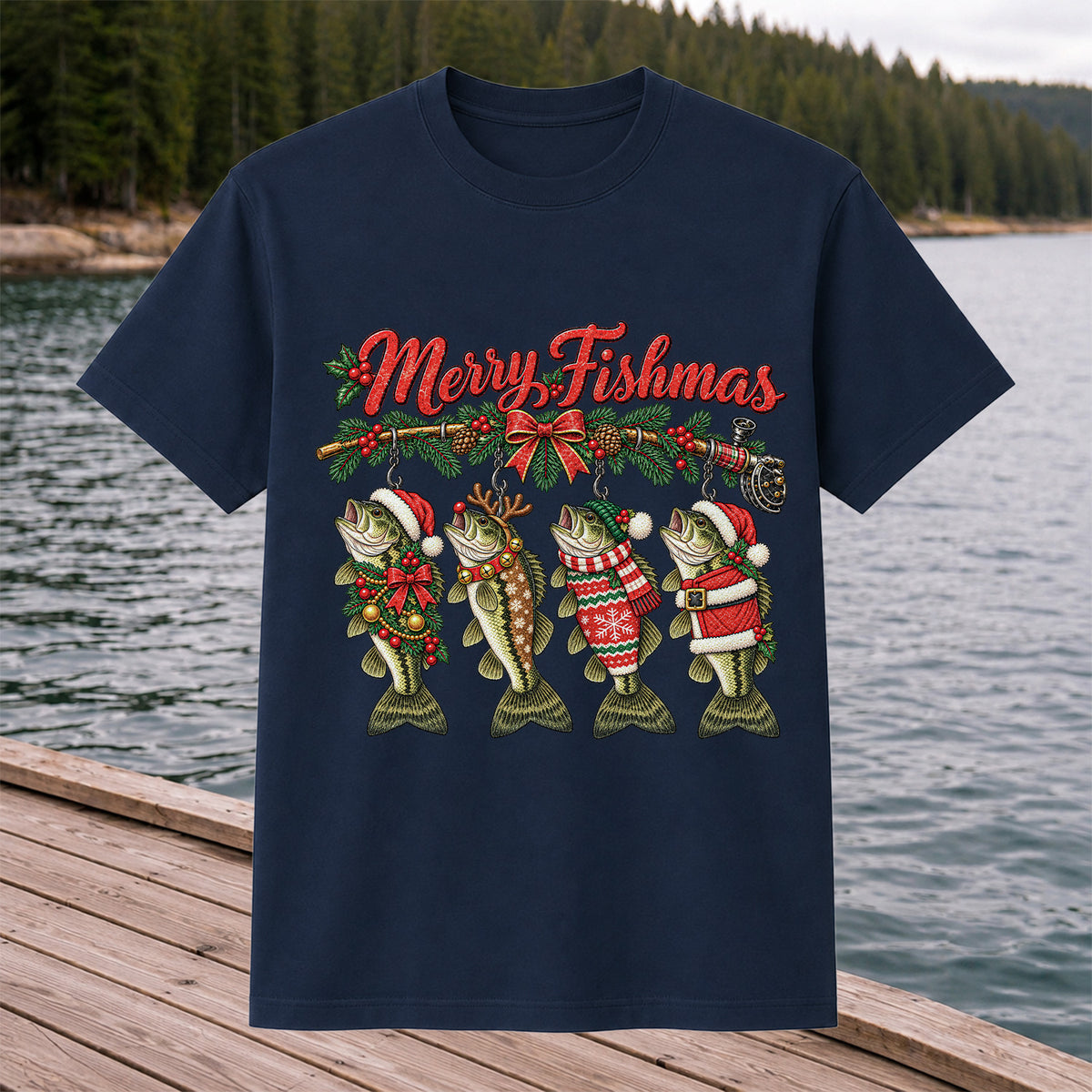 Merry Fishmas Christmas Bass Fishing Graphic T-Shirt