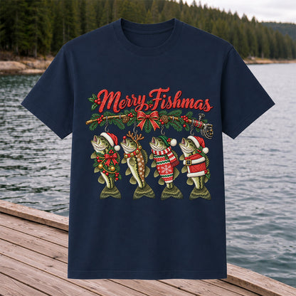 Merry Fishmas Christmas Bass Fishing Graphic T-Shirt