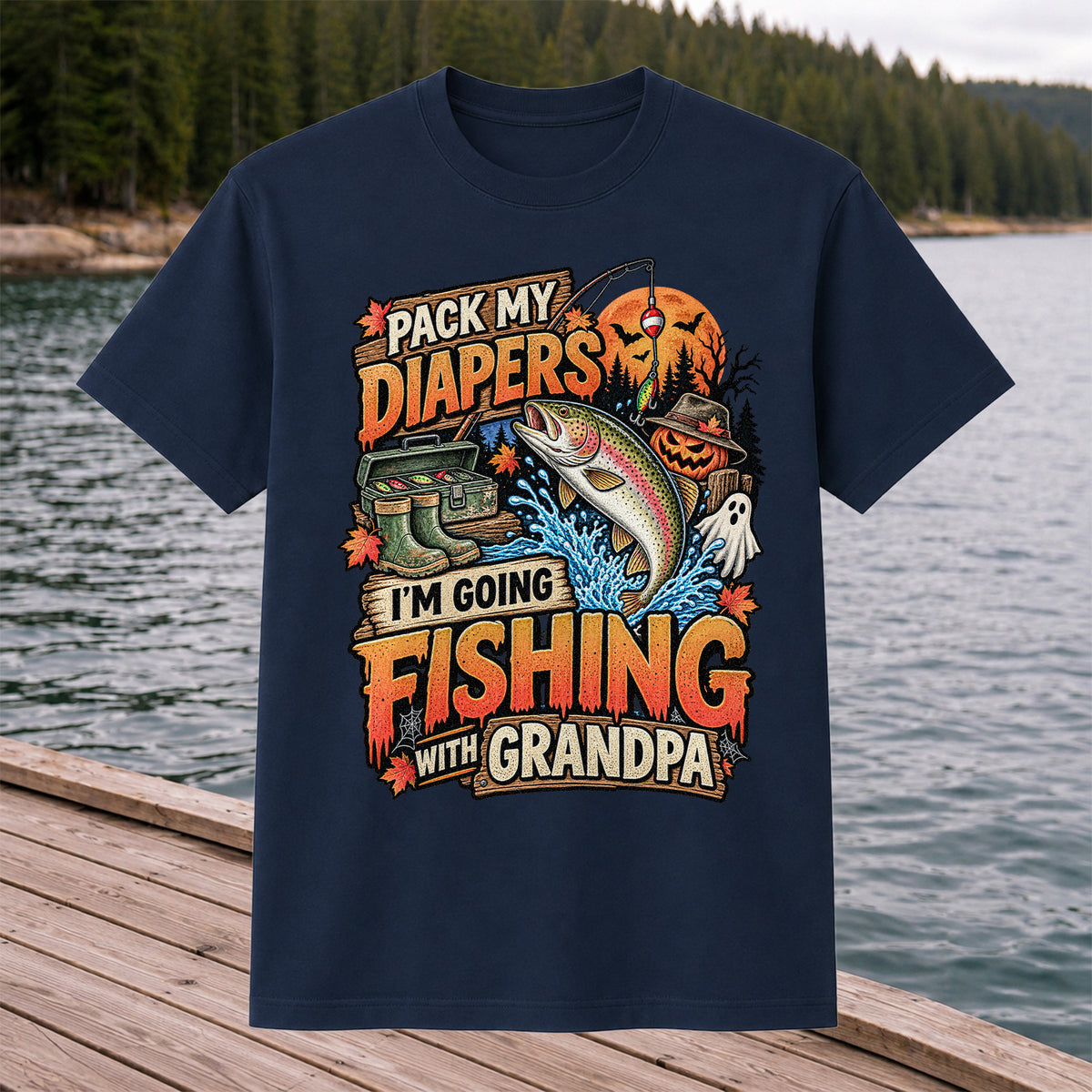 Pack My Diapers I'm Going Fishing With Grandpa Halloween Rainbow Trout T-Shirt