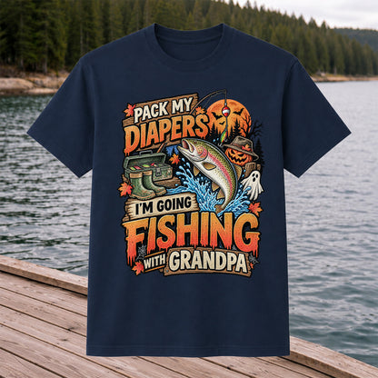 Pack My Diapers I'm Going Fishing With Grandpa Halloween Rainbow Trout T-Shirt